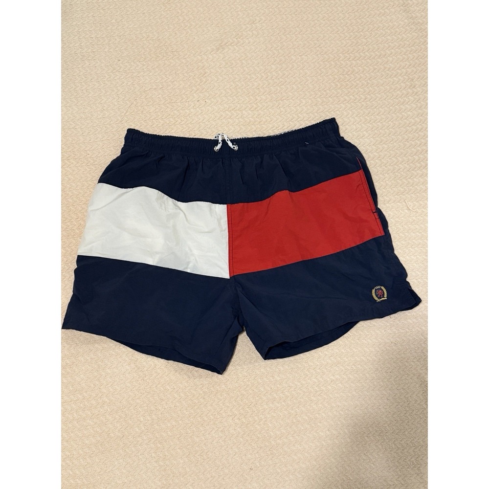 Vintage 90s Tommy Hilfiger Swim Trunks Mens Colorblock Navy Red White Logo